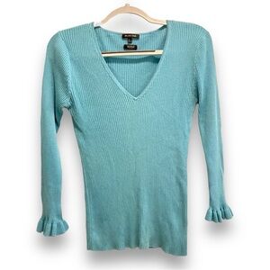 Mossimo Dutti Blue Silk Cotton Ruffle Ribbed Sweater